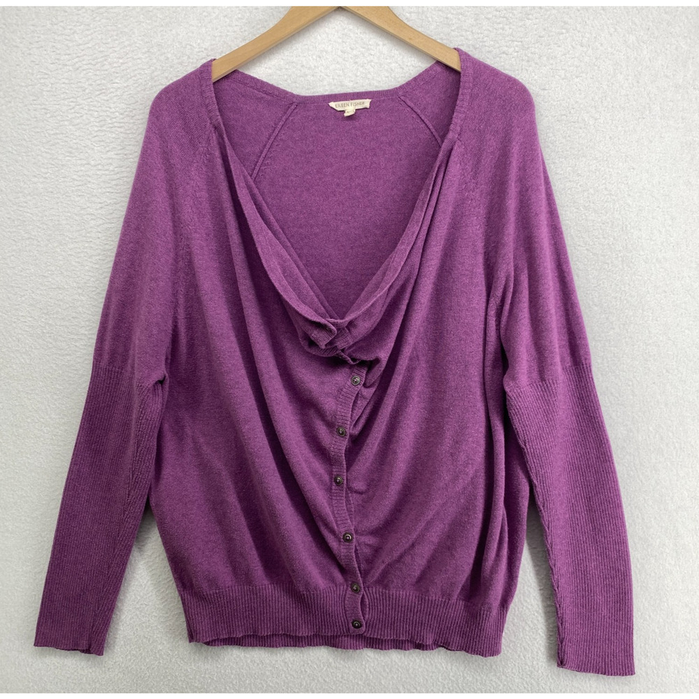 EILEEN FISHER Cardigan L Organic Cotton Draped Cowl Neck Button Up Purple